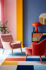 Bright colored retro interior design living room with armchairs.