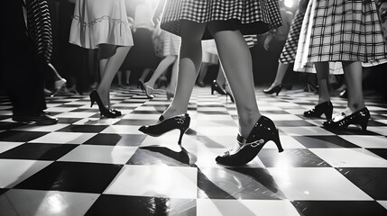 Retro 1950s Sock Hop Dance Party on Checkered Dancefloor with Poodle Skirts and Saddle Shoes