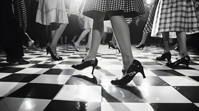 Retro 1950s Sock Hop Dance Party on Checkered Dancefloor with Poodle Skirts and Saddle Shoes