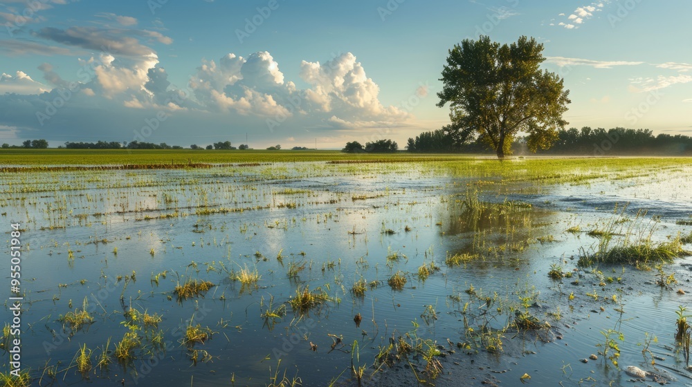 Poster A field of grass is flooded with water and a tree is visible in the distance
