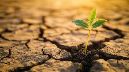 A plant sprouting from a crack in dry soil, symbolizing the concept of hope and resilience in challenging situations. -