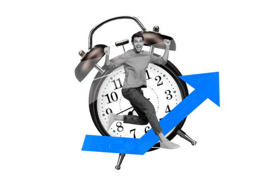 Artwork collage of excited black white colors mini guy raise fists big bell ring clock growing arrow upwards isolated on paper orange background