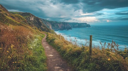 Obraz premium A quiet coastal path with a view of distant cliffs and the sea, representing peacefulness and solitude by the ocean.