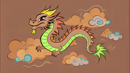 Cheerful green dragon in cartoon style flying among stylized clouds chinese new year
