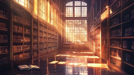 Fototapeta premium A quiet library aisle filled with bookshelves and soft, diffused light coming through large windows, capturing silence