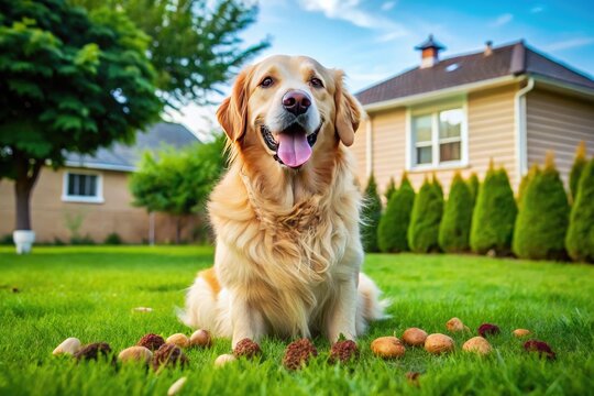 A happy-go-lucky golden retriever dog in a grassy backyard, innocently looking away, as it leaves a pile of feces behind, in a comedic scene.