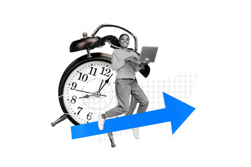 Creative composite photo abstract collage of happy positive girl holding laptop working on task...