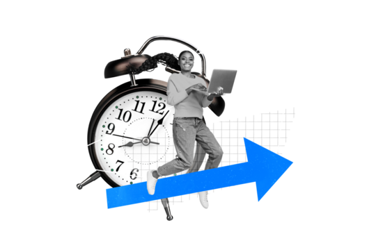 Creative composite photo abstract collage of happy positive girl holding laptop working on task project isolated on drawing background