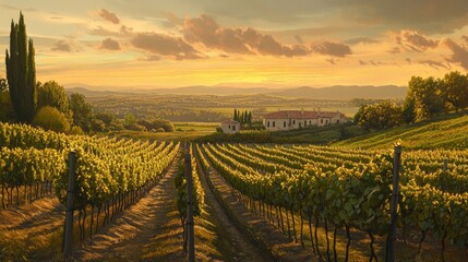 Naklejka premium A quiet vineyard at sunset, with grapevines neatly arranged and a distant farmhouse, capturing the calm of the countryside