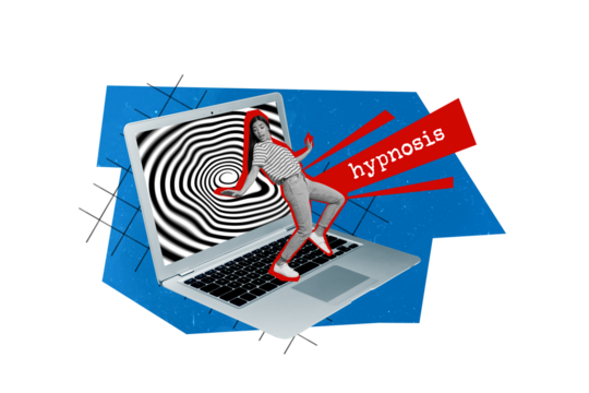 Creative composite abstract photo collage of careless beautiful woman watch news on laptop losing control isolated on drawing background