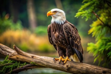 Fototapeta premium A majestic American eagle perches on a rustic wooden branch, its regal plumage glistening, with a single, delicate feather drifting gently in the surrounding stillness.