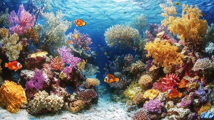 Naklejka premium Vibrant underwater scene showcasing colorful coral reefs and tropical fish.