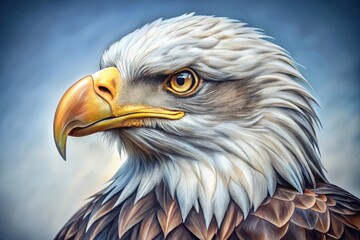 Obraz premium A majestic bald eagle's likeness is rendered in exquisite detail, from piercing gaze to feathered wings, in a beautiful hand-drawn pencil sketch illustration.