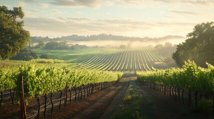 Naklejka premium A scenic vineyard in early morning light, with rows of grapevines stretching to the horizon, illustrating the calm of rural life.