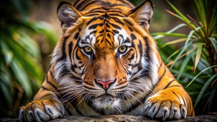 Fototapeta premium A majestic Bengal tiger's massive, razor-sharp claws extend from its powerful paws, showcasing its fearsome hunting prowess in a stunning close-up wildlife portrait.