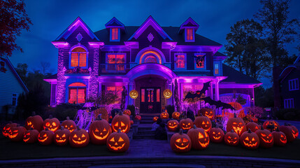 Halloween colorful holiday decoration with pumpkins, autumn leaves. Jack o lantern pumpkins decor. Seasonal background with autumn design.