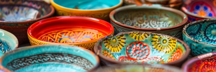 Vibrant handcrafted ceramic bowls showcase intricate patterns and bold colors, reflecting traditional artistry and cultural heritage in a close-up view of diverse designs.