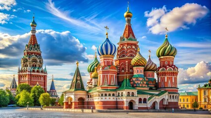 Obraz premium Historic architecture of colorful St Basil's Cathedral and surrounding buildings in Moscow's Red Square, with vibrant cupolas and ornate details on a sunny day.
