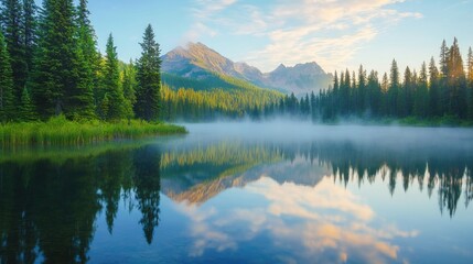 Obraz premium A serene mountain lake at dawn, with mist rising from the water and trees reflecting on the surface, evoking tranquility.
