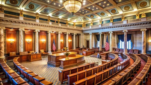 Historic congressional chamber with ornate details, marble columns, and wooden benches, illuminated by soft natural light, exuding national pride and legislative importance.
