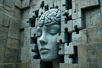 Mentalizing Neural pathways Womans face embedded in a wall of puzzle pieces symbolizing the complexity of identity and the struggle for self discovery in a monumental architectural setting