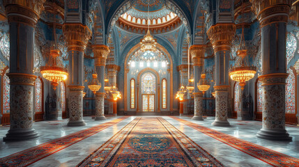 Obraz premium Interior shots of mosques showcasing ornate prayer rugs and chandeliers with a focus on craftsmanship.