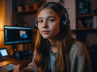 Radiant teen girl recording a podcast in a cozy nighttime studio, emphasizing creativity.
