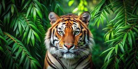 A majestic tiger's face blends seamlessly into a lush, green forest background, its stripes mimicking the camouflage pattern of the surrounding foliage.