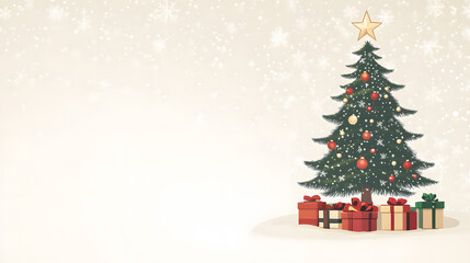 Sleek design featuring a single beautifully decorated Christmas tree with a star on top and presents underneath, set against a soft  background, creating an elegant and festive holiday atmosphere