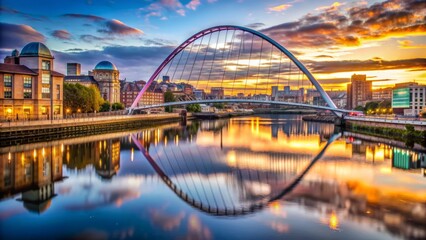 Historic Quayside with majestic Gateshead Millennium Bridge and picturesque River Tyne, showcasing Newcastle's vibrant cityscape and stunning architecture at sunset.