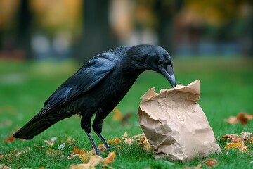 A Black Crow Investigating a Brown Paper Bag in Grass