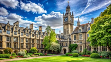Fototapeta premium Historic university campus building with iconic clock tower and beautiful stone architecture surrounded by lush greenery in the heart of bustling London city.