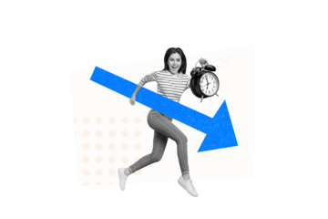 Poster collage picture of cheerful purposeful girl go fast hurry office work time deadline isolated on drawing background