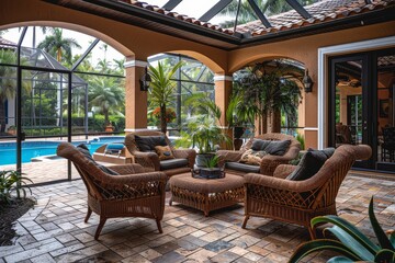 Fototapeta premium Luxurious South Florida open concept home interior with outdoor patio, palm trees, pool, paver flooring, tile roof, and decorative glass door panels.