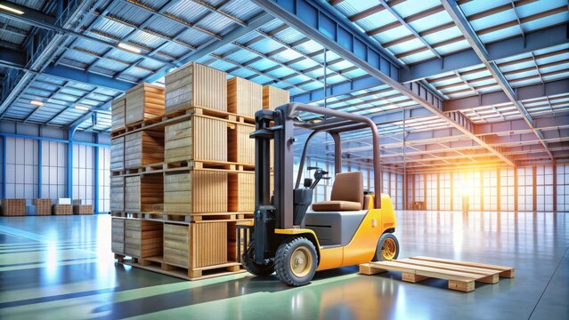Industrial electric forklift truck transports pallets in a modern warehouse, highlighting efficient and eco-friendly logistics operations with a clean and minimalistic aesthetic.