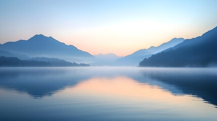 Fototapeta premium Serene Lakeside Sunrise with Mist-Shrouded Mountains in the Distance