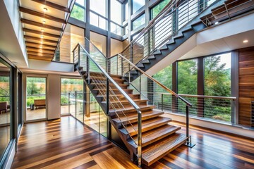 Obraz premium A modern stairway ascends through three levels, featuring sleek metal railings, polished wooden steps, and large windows bathing the space in natural light.