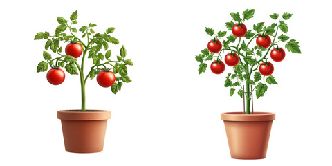 Vibrant tomato plants in pots, showcasing ripe red tomatoes and lush green leaves. Perfect for garden or kitchen themes.