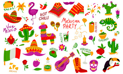 set of accessories for a Mexican party, highlighted on a white background. Vector illustration of pinata, guitars, maracas, sombreros, cacti, flowers, animals, fireworks. elements are bright Mexican