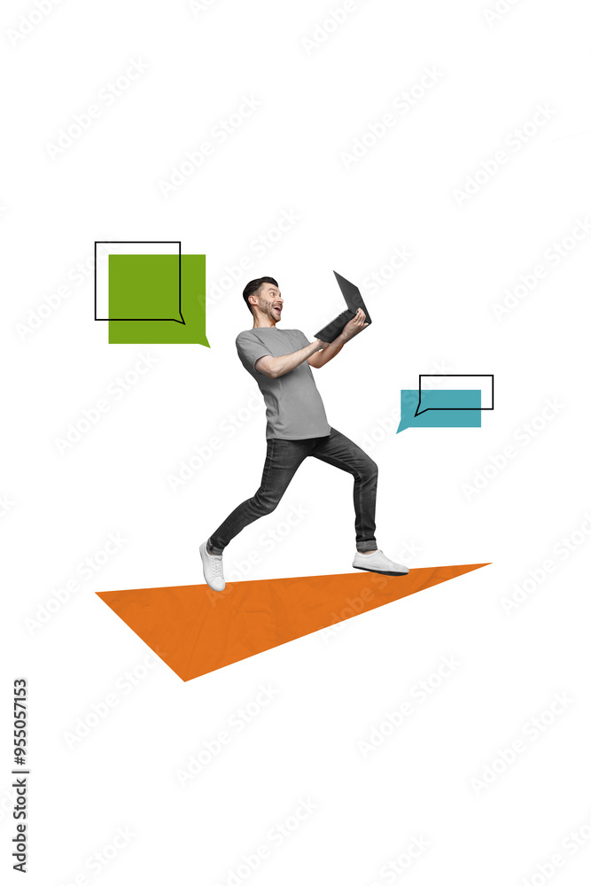 Poster artwork collage sketch of funky happy guy going office sending sms speed wifi connecting isolated on