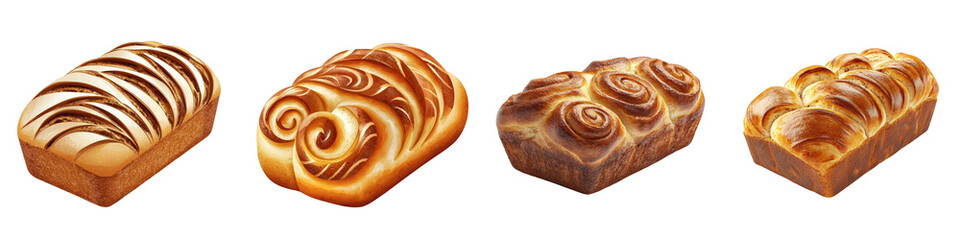 Fototapeta premium A collection of artisan bread loaves featuring unique patterns and textures, perfect for culinary presentations and food photography.
