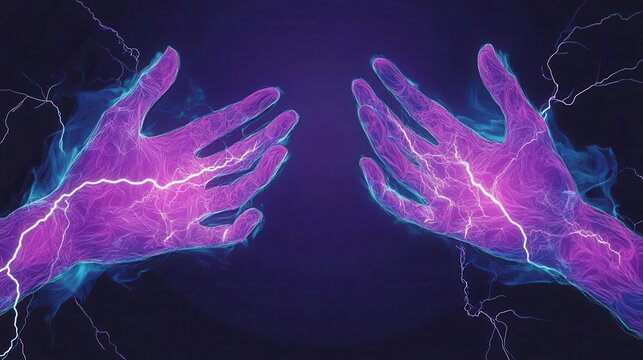 Two glowing hands with electric currents on a dark background, emitting vibrant purple and blue energy, representing power and magic.