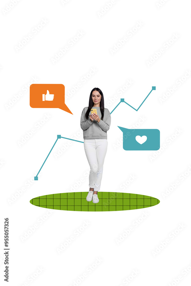 Poster collage sketch image of charming popular blogger send positive reaction thumb up feedback isolated o