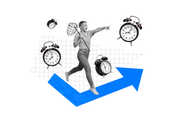 Creative abstract template graphics collage image of excited lady catching scoop clock isolated colorful background
