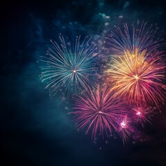 Fototapeta premium Fireworks on the dark sky background. Colorful fireworks from Loto Quebec in Quebec, Canada. Abstract colored firework background with free space