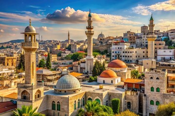 Fototapeta premium Ancient stone architecture and ornate mosques dominate the skyline of Ramallah, a vibrant city and administrative capital of the Palestinian territories in the West Bank.