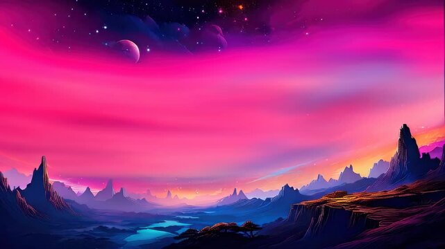 Starr sky with colorful clouds and mountains