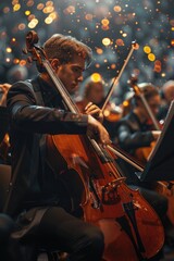 Fototapeta premium Young Cellist Performing in Orchestra Concert with Golden Sunset Lighting