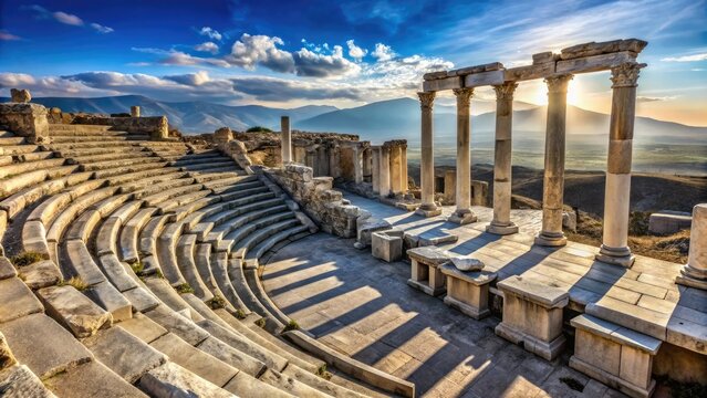 Ancient stone ruins of a theater in Laodicea, Turkey, with worn stone seats and crumbling columns set against a bright blue sky.