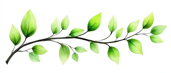 Watercolor Painting of a Green Branch with Lush Leaves